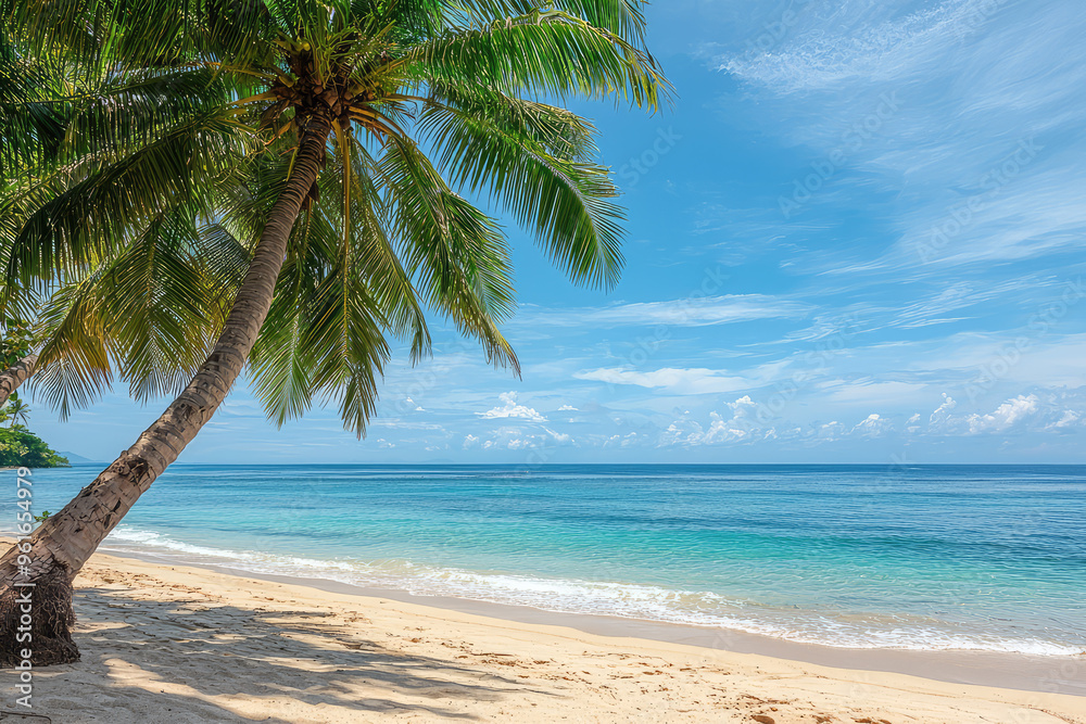 Obraz premium Escape to Paradise: A serene palm tree leans over a pristine beach, where turquoise waters gently lap the shore under a clear blue sky.