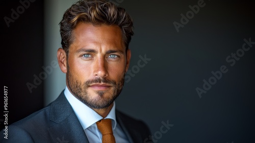 Professional man in a tailored suit with a warm smile, standing indoors against a dark background during daylight