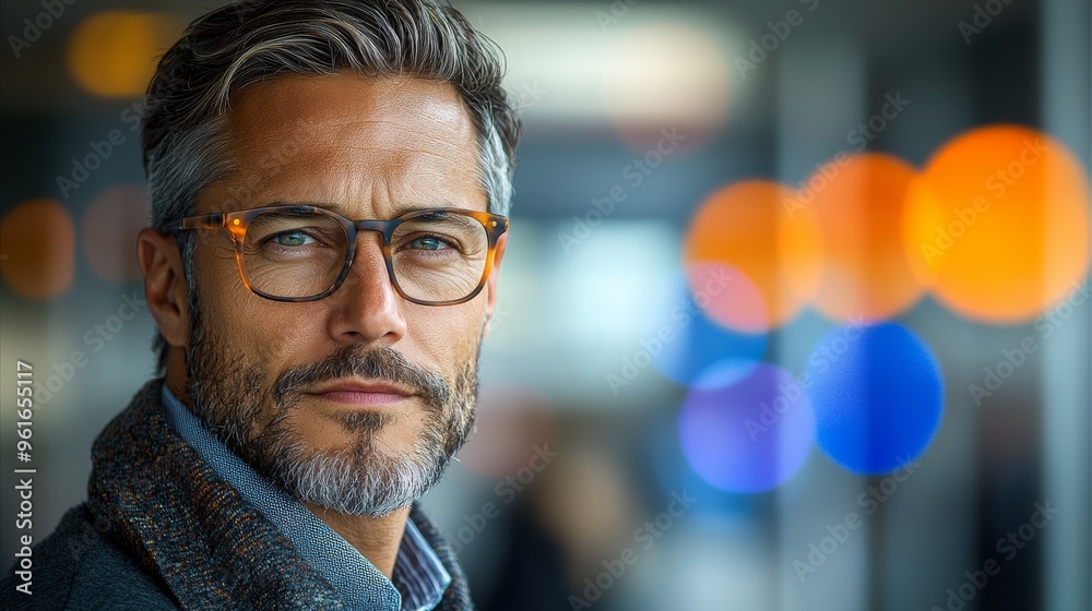 A mature man with glasses poses confidently against a backdrop of colorful bokeh lights in an urban setting during the evening A mature man with glasses poses confidently against a backdrop of colorful bokeh lights in an urban setting during the evening