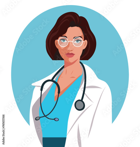 Vector portrait of female doctor in glasses with stethoscope in white medical uniform posing on blue background. Nurse's Day. Female nurse or general practitioner in private or public hospital. 