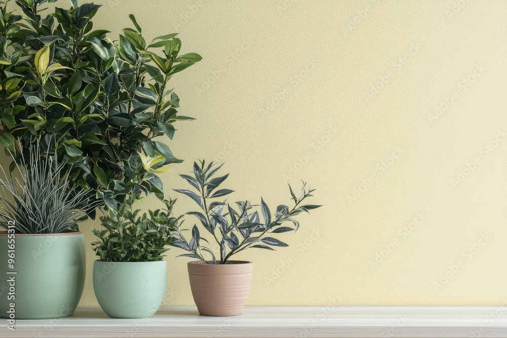 A Minimalist Still Life: Potted Plants Against a Creamy Wall, a Blank Canvas for Branding. A Minimalist Still Life: Potted Plants Against a Creamy Wall, a Blank Canvas for Branding.