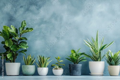 Wallpaper Mural A Row of Lush Greenery: Potted Plants Against a Textured Blue Wall Torontodigital.ca