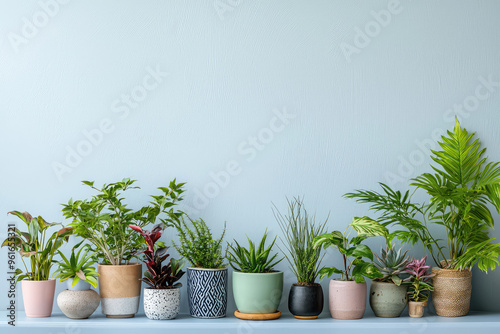 A Row of Lush Greenery: Potted Plants against a Serene Blue Wall, Ready for Your Brand