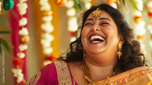 Plus size Indian woman in a saree, laughing joyously