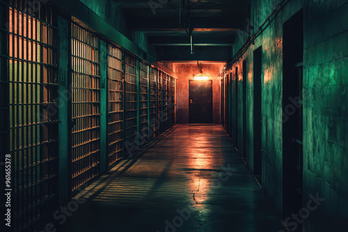 A haunting glimpse down a prison corridor, dimly lit and echoing with the weight of confinement. The steel bars cast long shadows, whispering tales of isolation and despair.