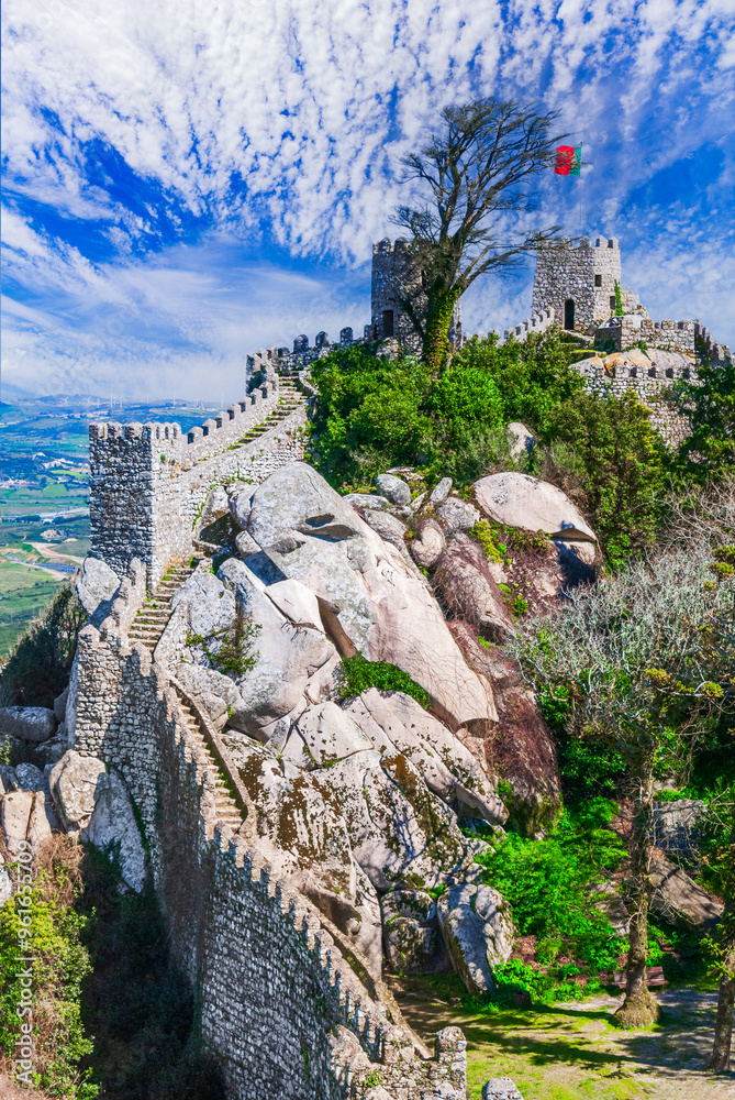 Sintra, Portugal. Aerial top view of medieval moorish Castelo dos Mouros, world heritage place next to Lisbon.