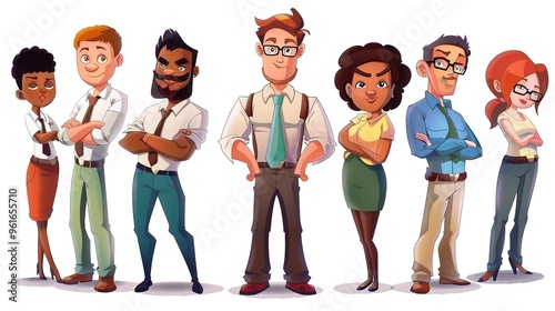 Cartoon business white - collar worker characters are busy in the office. They are wearing formal suits and ties, with briefcases in their hands. They are discussing work matters, showing professional photo