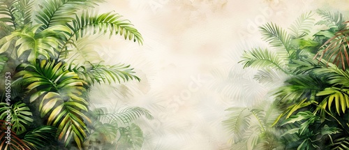 palms and exotic plants against a white and beige backdrop