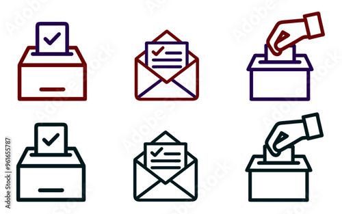 Set of icons representing way of voting (personally and by mail). Crimson and navy + black colors 