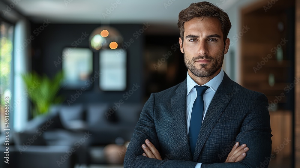 Fototapeta premium Confident businessman stands in a modern office with stylish decor, showcasing professionalism and poise during the daytime