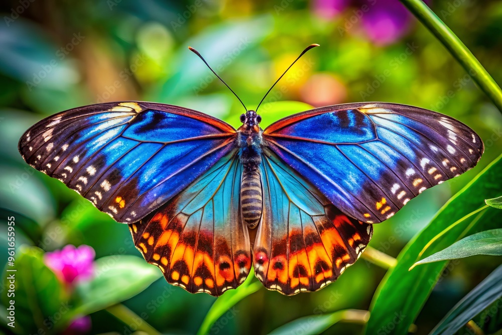 A butterfly's delicate wings splayed wide, its veins and scales glistening against a kaleidoscope of colors in a A butterfly's delicate wings splayed wide, its veins and scales glistening against a kaleidoscope of colors in a