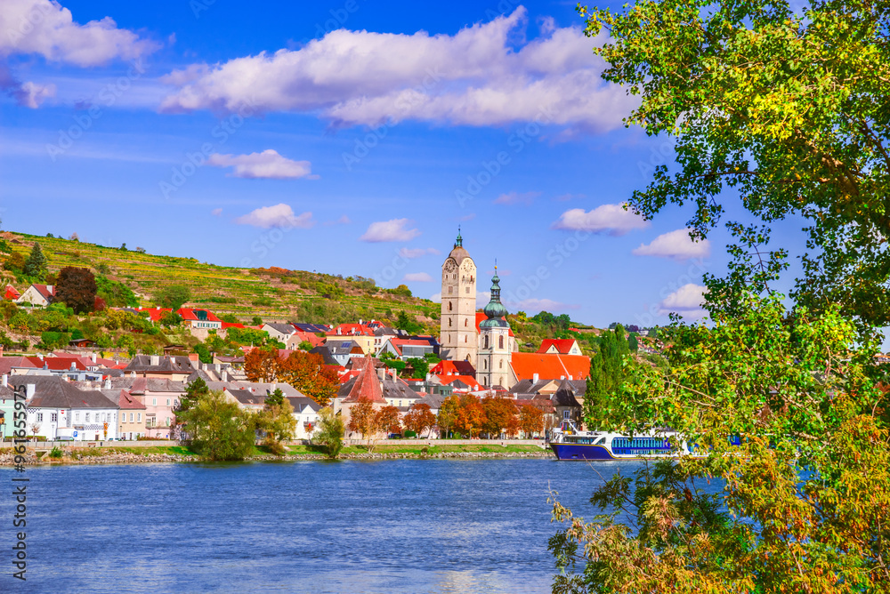 Krems an der Donau, Lower Austria. Typical Wachau Valley landscape on Danube River, autumn colors.