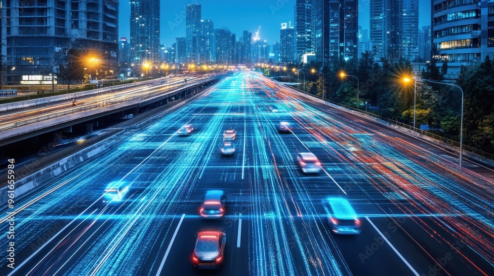 Cityscape Highway with Cars and Digital Network Cityscape Highway with Cars and Digital Network