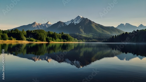 Mountain and river reflecting the beauty of nature, mountain, river, reflection, nature, landscape, scenic, outdoors, tranquil Generative AI