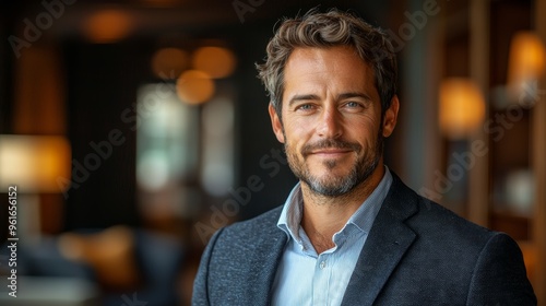 A smiling man in a stylish blazer poses confidently in a modern, softly lit lounge area during the late afternoon