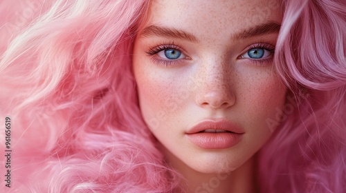 Alluring woman with pink flowing hair and blue eyes, wearing a stylish pink dress, standing elegantly against a pink backdrop, with a soft, graceful expression