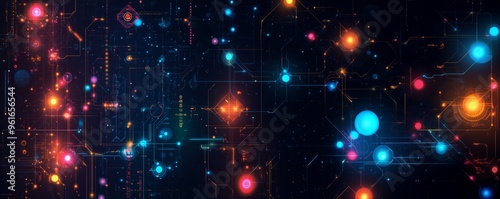 A high-tech digital background featuring an intricate circuit board pattern with glowing neon lights in various colors