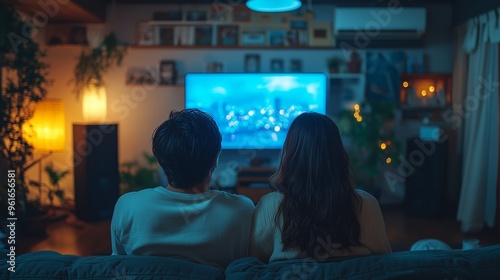 Couple enjoys a cozy movie night at home surrounded by warm lighting and plants in a comfortable living room