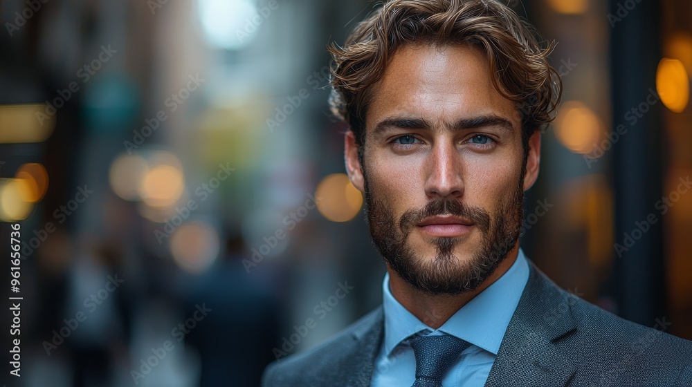 A stylish man in a gray suit stands confidently on a city street, showcasing urban sophistication during the golden hour A stylish man in a gray suit stands confidently on a city street, showcasing urban sophistication during the golden hour