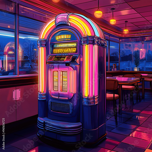 Colorful neon psychedelic cartoon illustration of a 1980s' jukebox in a diner.