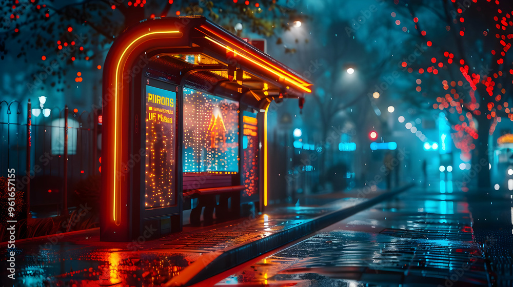Futuristic Bus Stop Illustration - Neon Lights, Rain, Cityscape Futuristic Bus Stop Illustration - Neon Lights, Rain, Cityscape