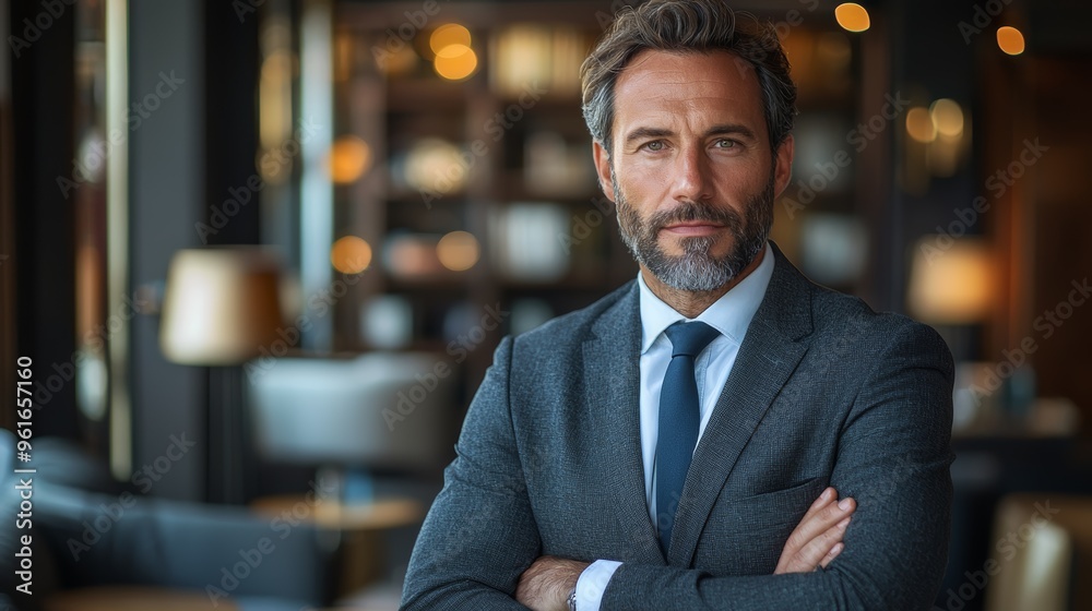 Fototapeta premium Professional man in a business suit stands confidently in a stylish hotel lobby during a sunny afternoon