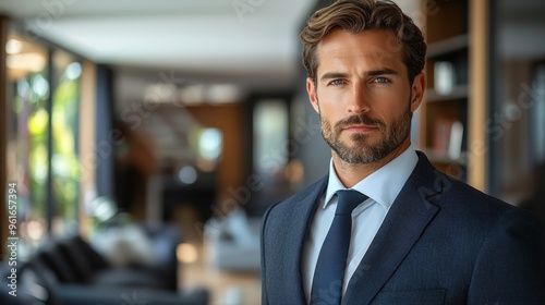 A well-dressed man stands confidently in a modern living room with stylish decor during daylight hours