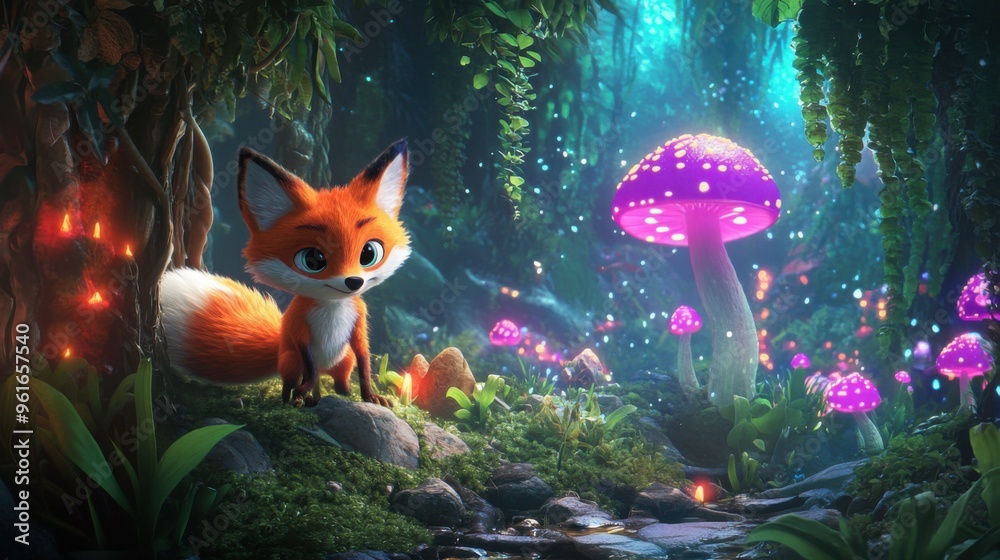 A curious cartoon fox exploring a fantasy jungle, surrounded by giant, glowing mushrooms, talking plants, and mysterious, animated creatures A curious cartoon fox exploring a fantasy jungle, surrounded by giant, glowing mushrooms, talking plants, and mysterious, animated creatures