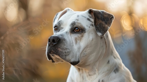  A tight shot of a dog's head, surrounded by a softly blurred backdrop of trees and bushes