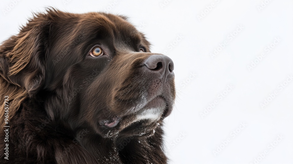 A close-up of a brown Newfoundland dog looking upward against a snowy background. A close-up of a brown Newfoundland dog looking upward against a snowy background.