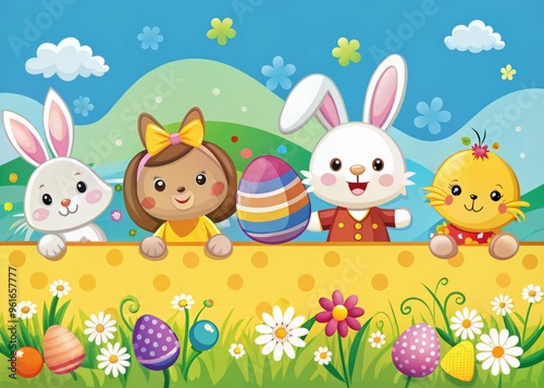 Easter banner ideas with cute cartoon characters and bold colored backgrounds