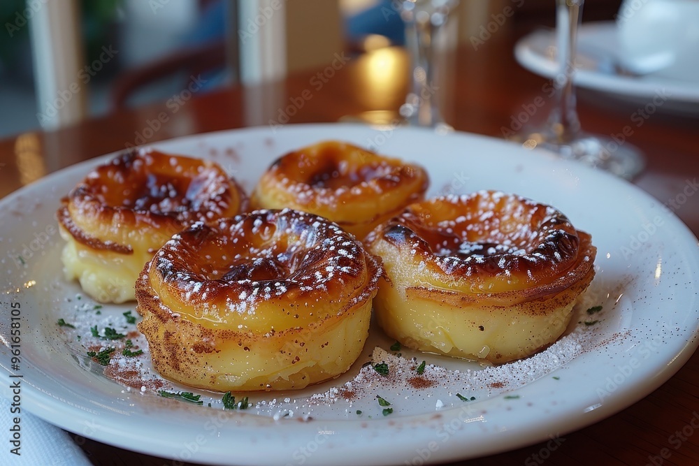 Portugal: Pastel de Nata Small, round custard tarts with a caramelized top, served on a white plate with a sprinkle of cinnamon and powdered sugar Portugal: Pastel de Nata Small, round custard tarts with a caramelized top, served on a white plate with a sprinkle of cinnamon and powdered sugar