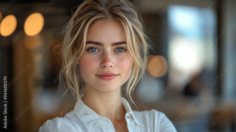 Obraz premium Young woman with blonde hair and blue eyes smiling confidently in a modern indoor setting with soft lighting