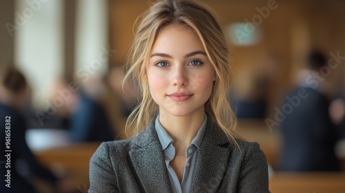 Young professional woman stands confidently in a modern office environment, engaged in important discussions with colleagues