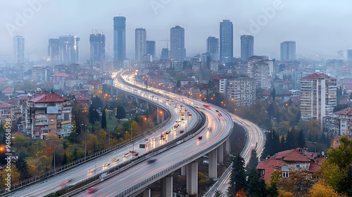 Aerial view of a bustling cityscape with skyscrapers on a misty evening. photo