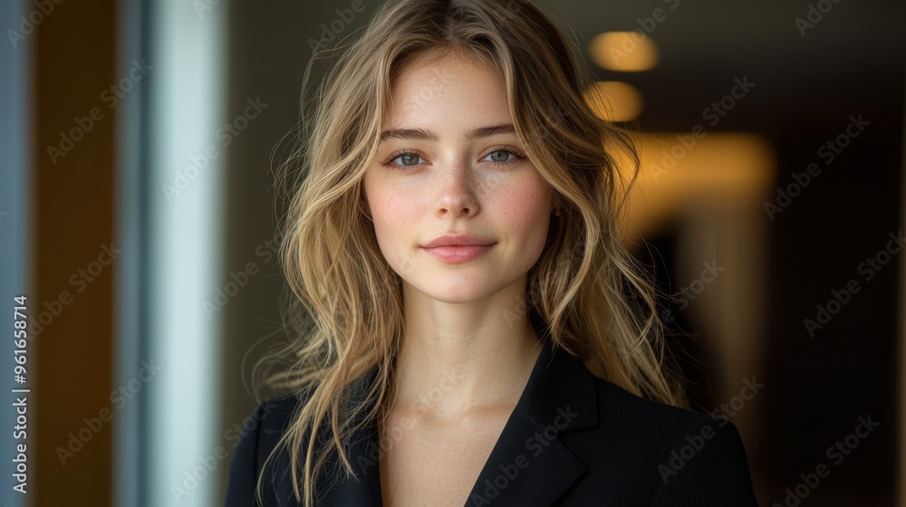 A young woman with wavy hair poses confidently in a well-lit modern interior setting during the afternoon A young woman with wavy hair poses confidently in a well-lit modern interior setting during the afternoon