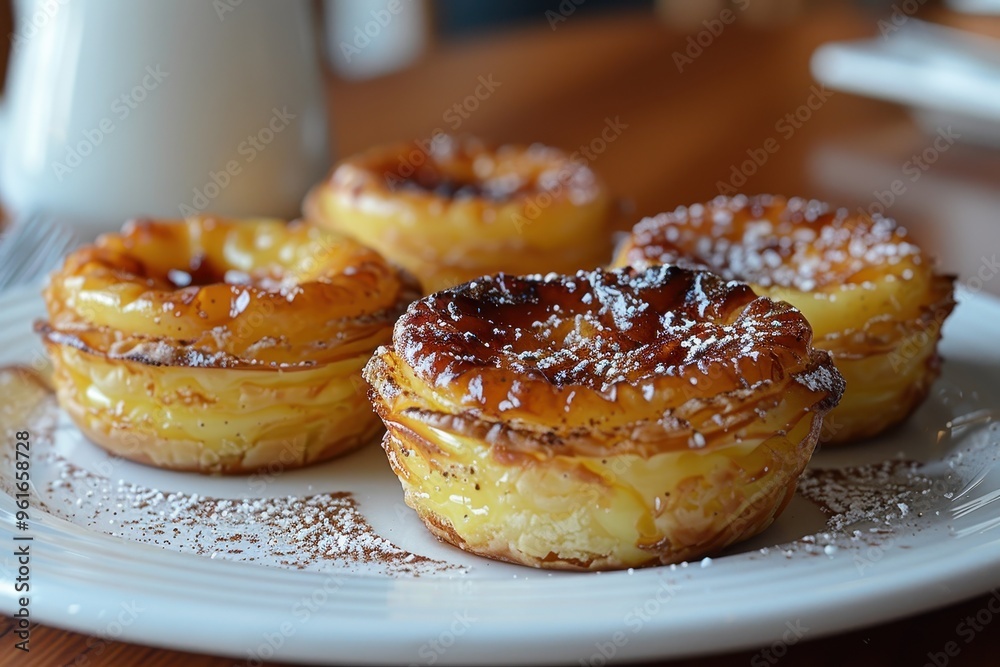 Portugal: Pastel de Nata Small, round custard tarts with a caramelized top, served on a white plate with a sprinkle of cinnamon and powdered sugar Portugal: Pastel de Nata Small, round custard tarts with a caramelized top, served on a white plate with a sprinkle of cinnamon and powdered sugar