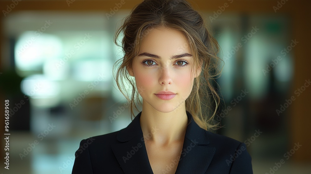 Professional young woman in a dark blazer presenting a confident expression in a modern office setting during daytime Professional young woman in a dark blazer presenting a confident expression in a modern office setting during daytime