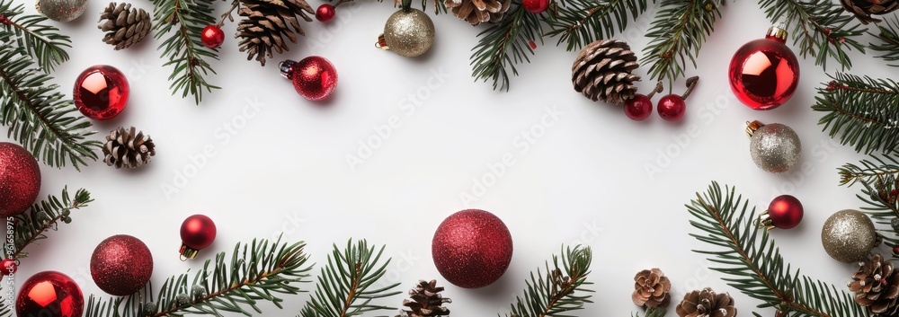 Pine cones and red decorations with fir branches on a white background. Decoration frame for a banner or greeting card. Flat lay top view.