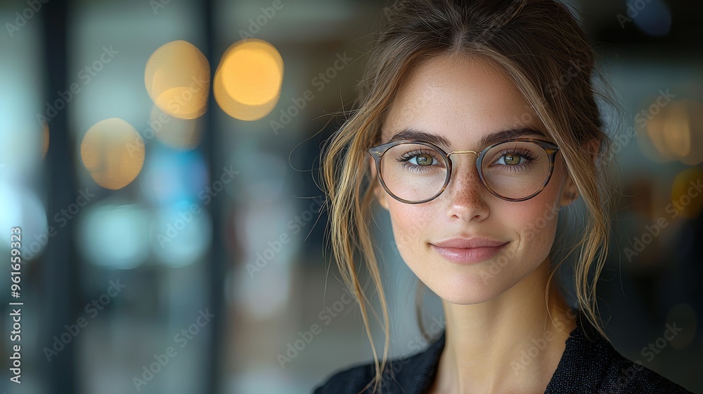 A young woman with glasses smiles confidently in a modern café setting during the afternoon A young woman with glasses smiles confidently in a modern café setting during the afternoon