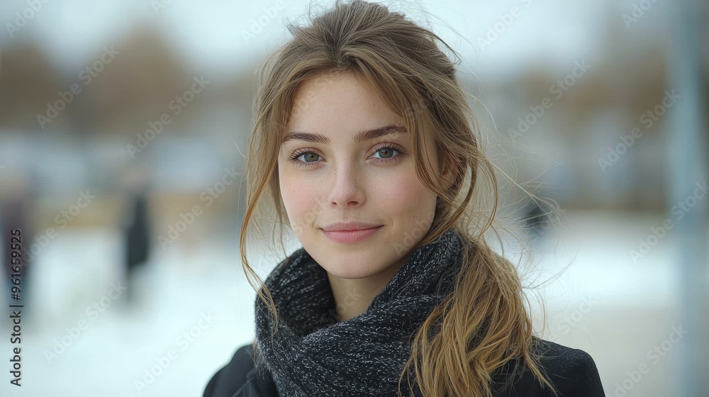 Young woman with a warm smile wearing a scarf in a snowy park during winter, enjoying the tranquil atmosphere Young woman with a warm smile wearing a scarf in a snowy park during winter, enjoying the tranquil atmosphere