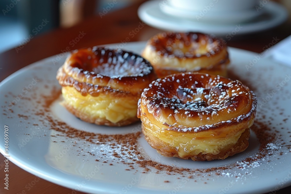 Portugal: Pastel de Nata Small, round custard tarts with a caramelized top, served on a white plate with a sprinkle of cinnamon and powdered sugar Portugal: Pastel de Nata Small, round custard tarts with a caramelized top, served on a white plate with a sprinkle of cinnamon and powdered sugar