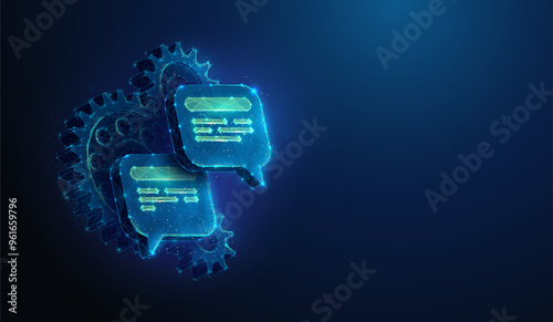 Abstract illustration of chat bubbles floating over gear in low poly style. Blue geometric background depicting chatbot service and artificial intelligence concept by wireframe connection structure