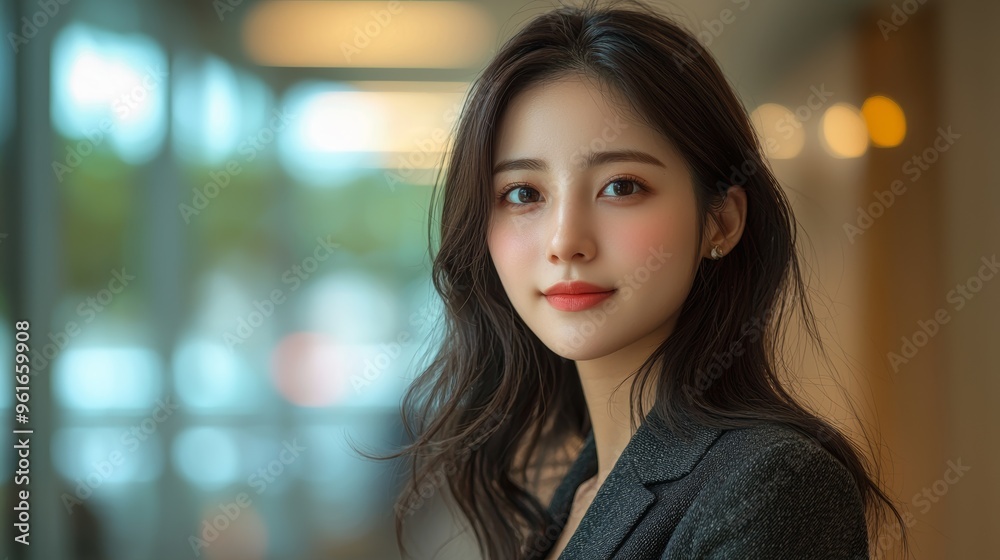 Fototapeta premium Young woman in a blazer smiling confidently indoors with soft lighting, conveying a warm and approachable demeanor during afternoon