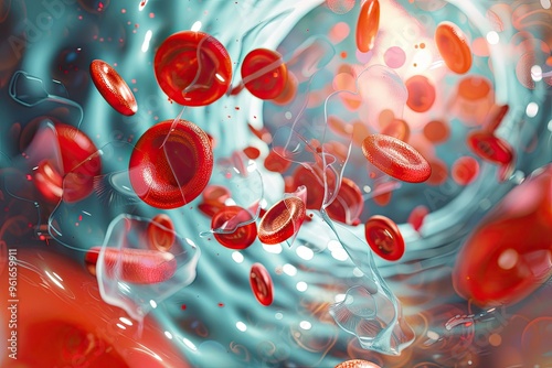 Red blood cells and white blood cells in a blood vessel photo