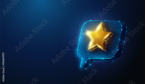 Abstract illustration of gold star review floating over chat bubble in low poly style. Blue geometric background depicting customer feedback concept by wireframe connection structure