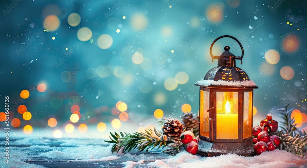 lantern with burning candle in snow on blue starry night sky background, wide banner for card design lantern with burning candle in snow on blue starry night sky background, wide banner for card design