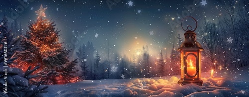 lantern with burning candle in snow on blue starry night sky background, wide banner for card design photo