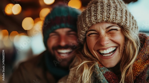 A cheerful couple bundled up in colorful winter attire, smiling and enjoying their time together with blurred, warm-light background providing a contrasting cozy atmosphere.