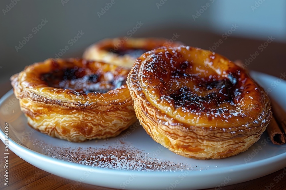 Portugal: Pastel de Nata Small, round custard tarts with a caramelized top, served on a white plate with a sprinkle of cinnamon and powdered sugar Portugal: Pastel de Nata Small, round custard tarts with a caramelized top, served on a white plate with a sprinkle of cinnamon and powdered sugar